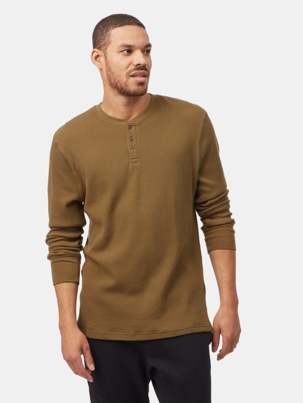 Tentree XL Treewaffle Henley long sleeve top green brown organic cotton casual